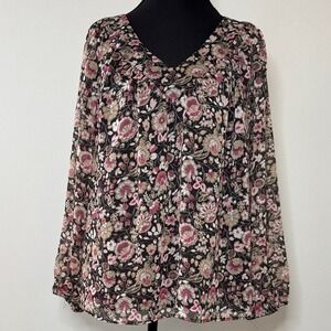 Ann Taylor Factory Floral V-Neck Blouse‎ Pink Tan Navy Long Sleeve Medium